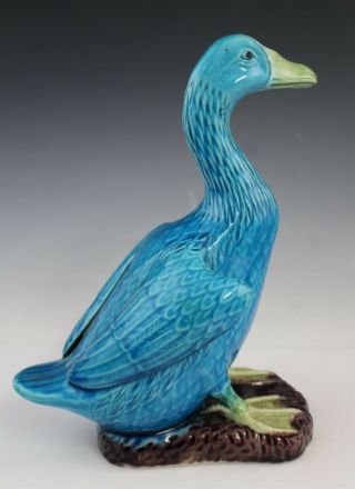 Vintage Chinese Export Blue Glazed Art Pottery Figural Duck Figurine 3