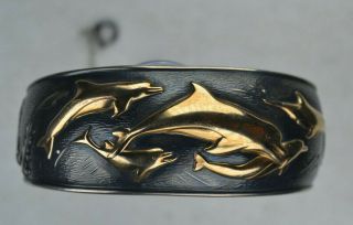 Vintage Kabana Sterling Silver And 14k Dolphin Cuff Bracelet 41.  4 Grams