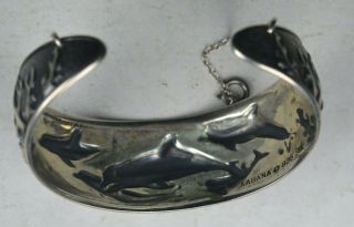 Vintage Kabana Sterling Silver and 14k Dolphin cuff bracelet 41.  4 grams 3