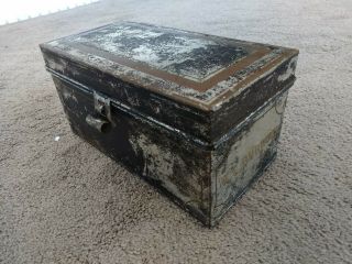 Antique Primitive Metal Toleware Tin Tole Painted Storage Document Box 5x5x10 "