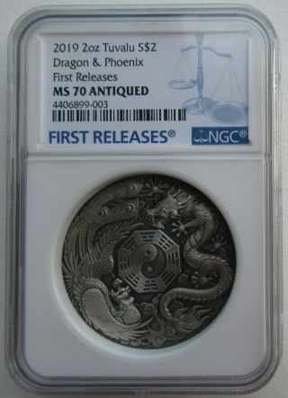 Ngc Ms70 Tuvalu 2019 Chinese Dragon Phoenix Antiqued Silver Coin 2oz
