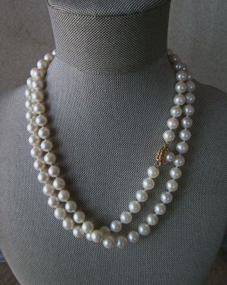 Gorgeous 33 " Vintage 7 - 8mm Pearl Necklace With 14k Yellow Gold Clasp