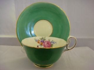 Aynsley Bone China Made In England Cup And Saucer Green With Floral Inside.