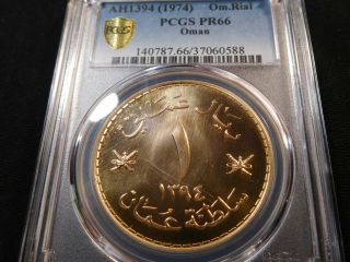 G5 Oman Ah - 1394 1974 Gold Omani Rial Pcgs Proof - 66 Ex.  Rare (scratched Holder)