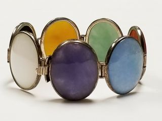 925 Sterling Signed Oval Multi Color Semi Precious Stone Wide Hinged Bracelet