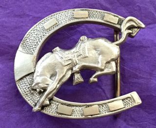 Vtg Antique Sterling Silver Lucky Horseshoe & Bucking Bronco Cowboy Belt Buckle