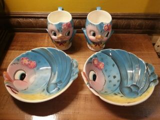 Vintage Lefton Bluebird Plates & Cups Set Blue Bird Plate 1950s Anthropomorphic