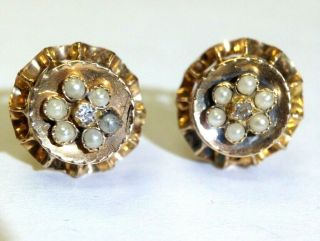 Cute Antique Victorian 18k Yellow Gold Seed Pearl And Diamond Stud Earrings