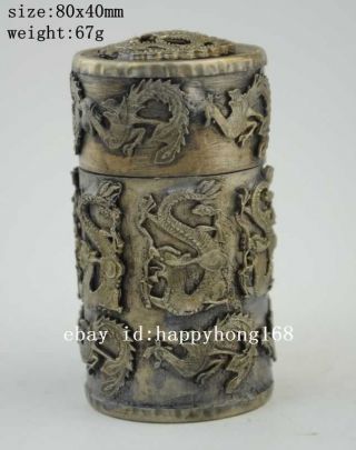 China Old Copper Plating Silver Carving Dragon & Phoenix Toothpick Box A01