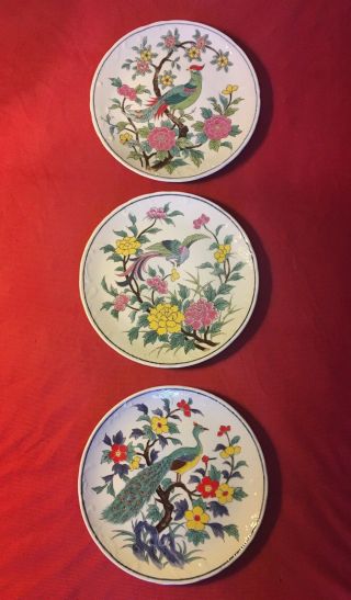 Enesco Japan Handpainted Plates Oriental Birds&flowers,  Set Of 3,  8 - 1/4in