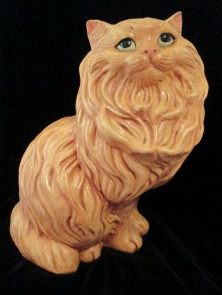 Large 14 " Vintage Ceramic Statue Figurine Cat Yellow Green Eyes Orange Tan Fur