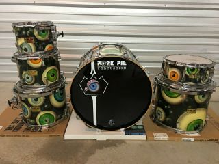 Rare One - Of - A - Kind 2001 Pork Pie Custom " Space Eyeball " Drum Set; Green Slop