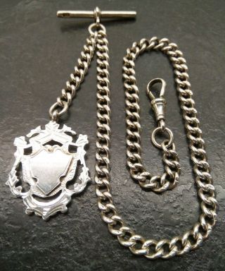 Antique Victorian Silver Curb Linked Albert Pocket Watch Chain & Fob.  By E.  W&s.