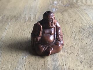 Finely Carved Japanese Boxwood Seated Buddha Netsuke,  Ojime Bead,  Signed 1 Inch