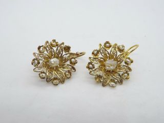 Antique 14k Gold Filigree Ornate Seed Pearl Flower Earrings,  3.  6 Grams