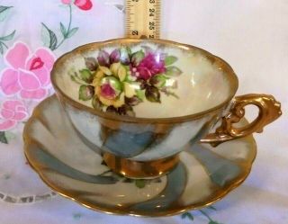 Vintage Tea Cup And Saucer Flowers Blue Gray Made In Japan