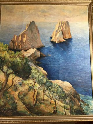 Large Vintage " Oceanside And Landscape Scene " Oil Painting - Signed And Framed