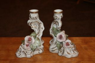 (2) Antique Cordey Porcelain Candlesticks - Capidomonte Style Flowers