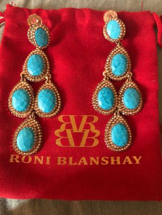 Roni Blanshay Turquoise Swarovski Crystal Gold Tone Earrings,  Authentic Clip