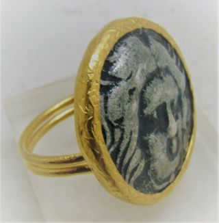 Ancient Roman Style Gold Gilt Ring With Greek Coin Inset