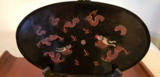 Antique Chinese Laquer Tray Dragons Chasing Pearl Of Wisdom