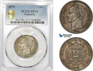 Ad562 - R,  Venezuela,  2 Bolivares 1879,  Caracas,  Silver,  Pcgs Xf45,  Rare
