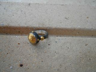 24K Pure Gold,  Hand Made Hammered Oxidized SilverRing. 2