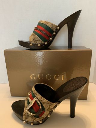 Gucci Nib Beige/ebony Gg Canvas Vintage Web Horsebit Wood Mule Heel Sandals 8.  5