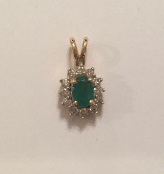 Vintage 14k Yellow Gold Emerald & Diamond Halo Pendant For Necklace