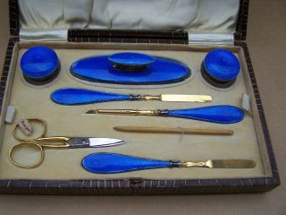 Birmingham Sterling Blue Guilloche Enamel Manicure Tool Set By Albert Carter