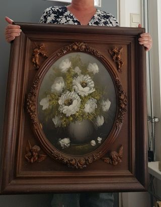Vintage / Antique Framed Oil Painting White Flowers On Panel.  Signed