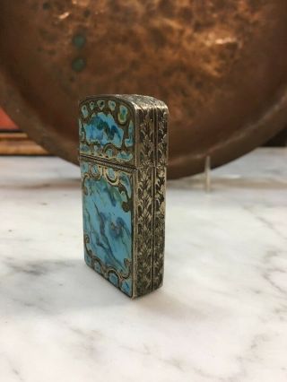 Vintage 800 Silver Turquoise Enamel Cigarette Lighter w/ Zippo Insert Italy 2