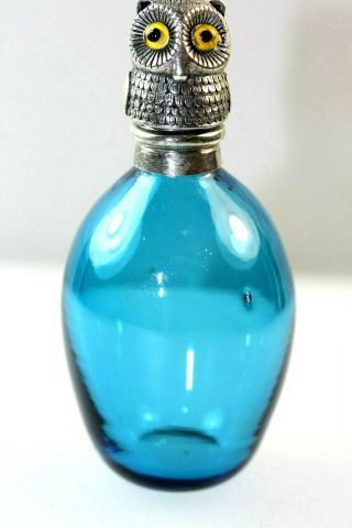 Victorian Scent Bottle Silver Owl Bird Turquoise Blue Glass Perfume Scent Bottle