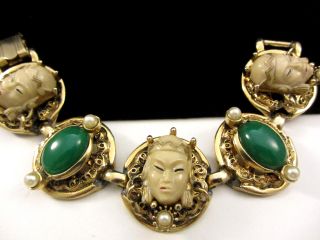 Vintage Selro Asian Princess Faces Faux Pearls Green Cabs Gold Tone Bracelet D45