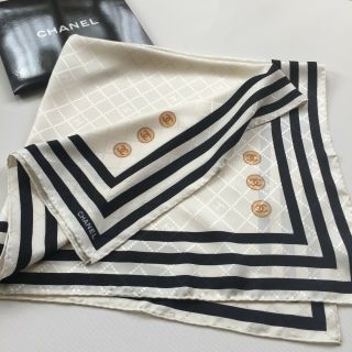 Authentic Chanel Striped Print White - Off Logo Cc 100 Silk Scarf