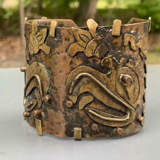Vintage Mexican Mixed Metals Aztec Mayan Eagle Warrior God Wide Cuff Bracelet