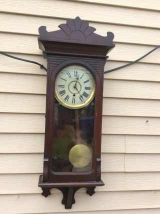 Antique Gilbert Red Walnut,  Time Only,  Wall Regulator Clock Running Project