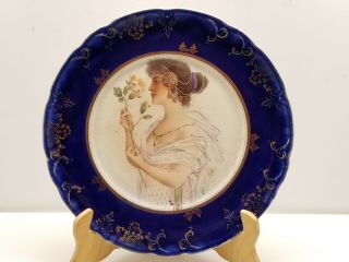 Antique Art Nouveau Woman Holding Rose Portrait Plate Cobalt Blue Gold Trim