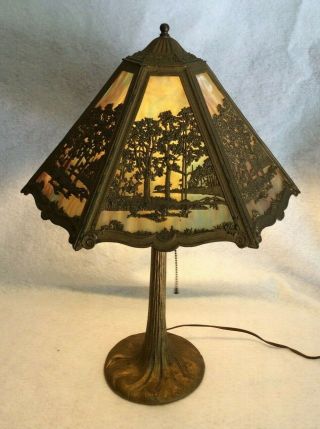 Antique 6 Panel Slag Glass Victorian Table Lamp W/filigree Landscape 21 " - Exc