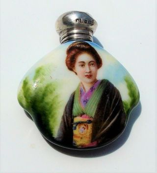 Rare Hallmarked Solid Silver And Porcelain Geisha Girl Scent Bottle 1904