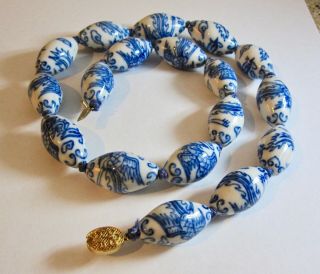 Vintage Chinese Blue & White Painted Porcelain Bead Necklace 24” W/ Hallmark