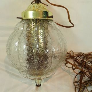 Vintage Mid Century Clear Crackle Glass Globe Shade Swag Hanging Lamp Light