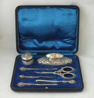 Good Victorian Boxed Sterling Silver 7 - Piece Manicure Set 1899/ 1900
