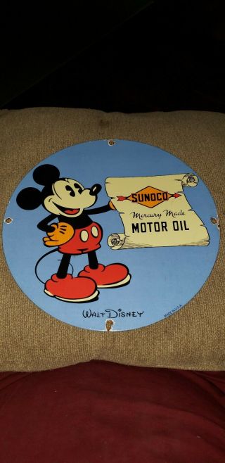 Vintage Sunoco Motor Oil Porcelain Sign,  Disney,  Mickey Mouse,  Gas,  Pump Plate