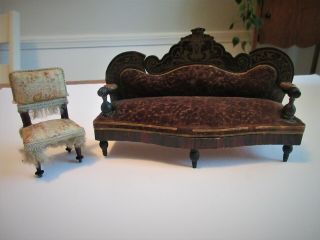 Antique,  Gorgeous,  Couch,  Sofa,  1890s,  ?,  Dollhouse Size,  Biedermeier,  & Chair,  Miniature