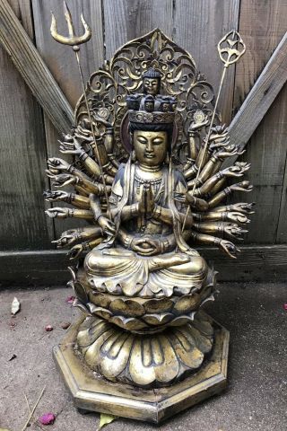 24” 1000 Arm Avalokitesvara Guan Yin Wood Gold Gilded Buddha Statue Vtg Kannon
