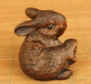 Chinese Old Boxwood Carving Propitious Rabbit Statue Table Home Decoration Gift