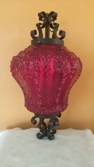 Large Vintage Mid Century Red Decorative Glass Swag Hanging Lamp