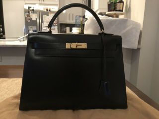100 Authentic Hermes Kelly 32 Sellier Hand Bag Black Box Calf Vintage