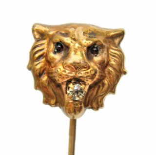 Antique Victorian 14k Gold,  Diamond & Ruby Figural Lion Head Stick Pin Leo